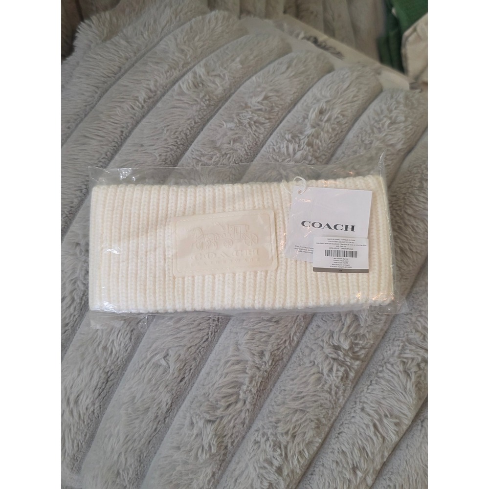 Coach Cable Knit Winter Headband Ivory White Leather Logo Patch